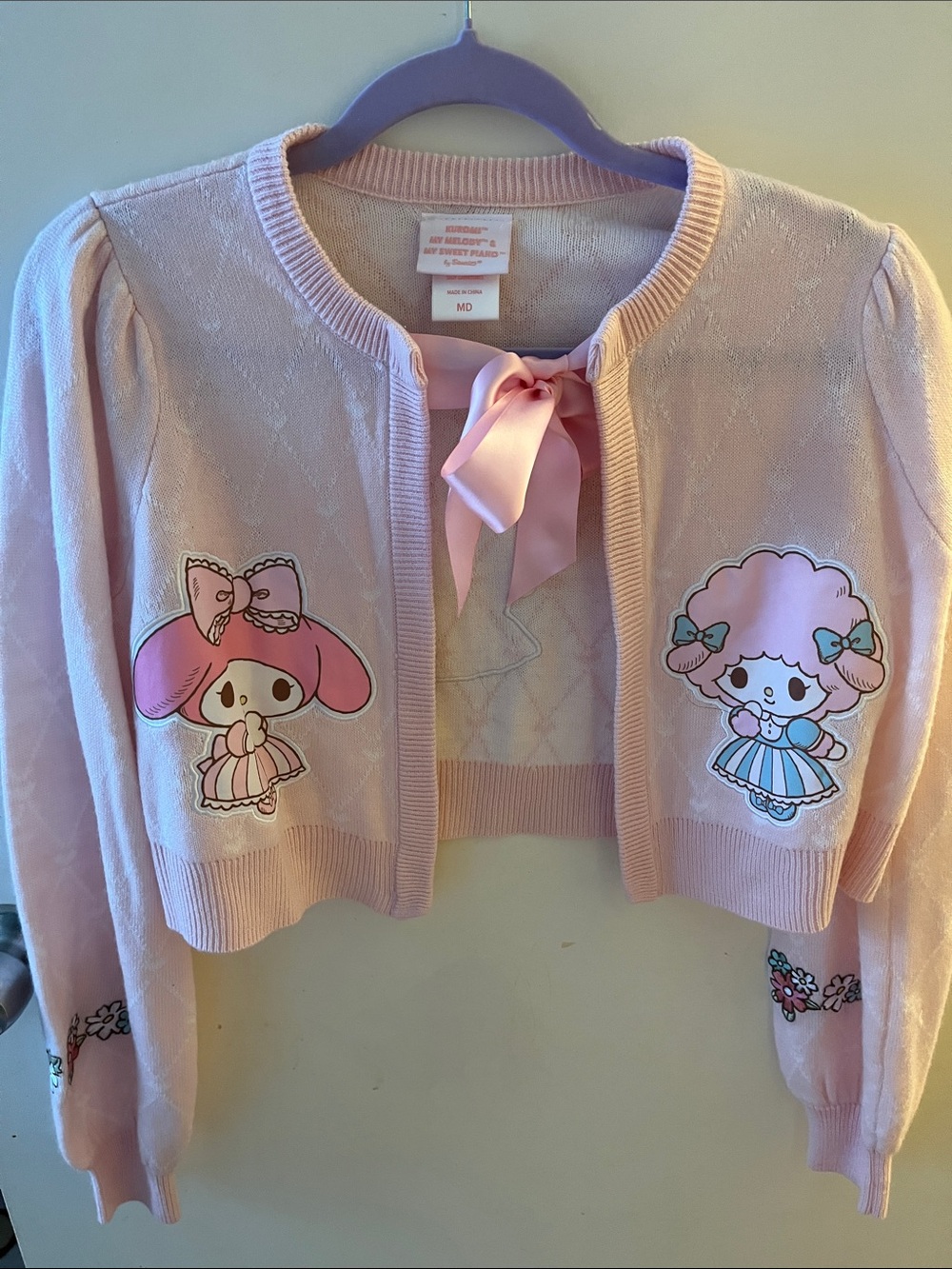 Pink Girls' Bow-Front Cardigan with Cute Character Patches